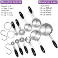 Kitchen Measuring Cups and Spoons Set of 12, 18/8 Stainless Steel Measuring Spoons and Cups with Silicone Handle, Black